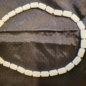 Chinese 24 In. White Jade Rectangler And Beaded Necklace With Carved Designs